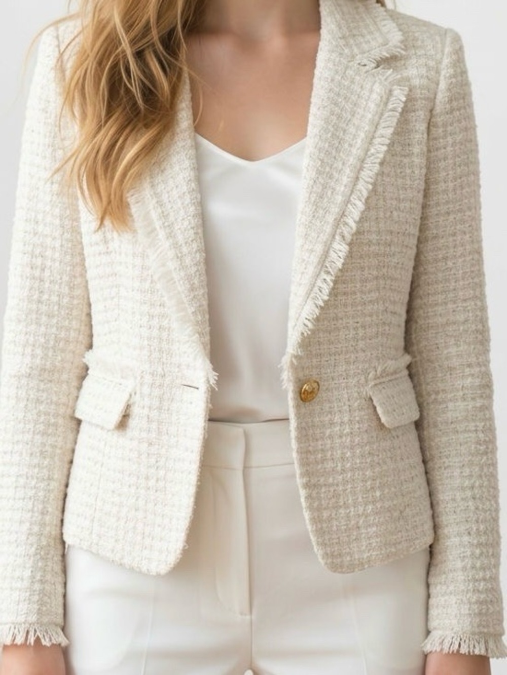 Walter Baker Cream Bouclé Tweed Fringed Blazer